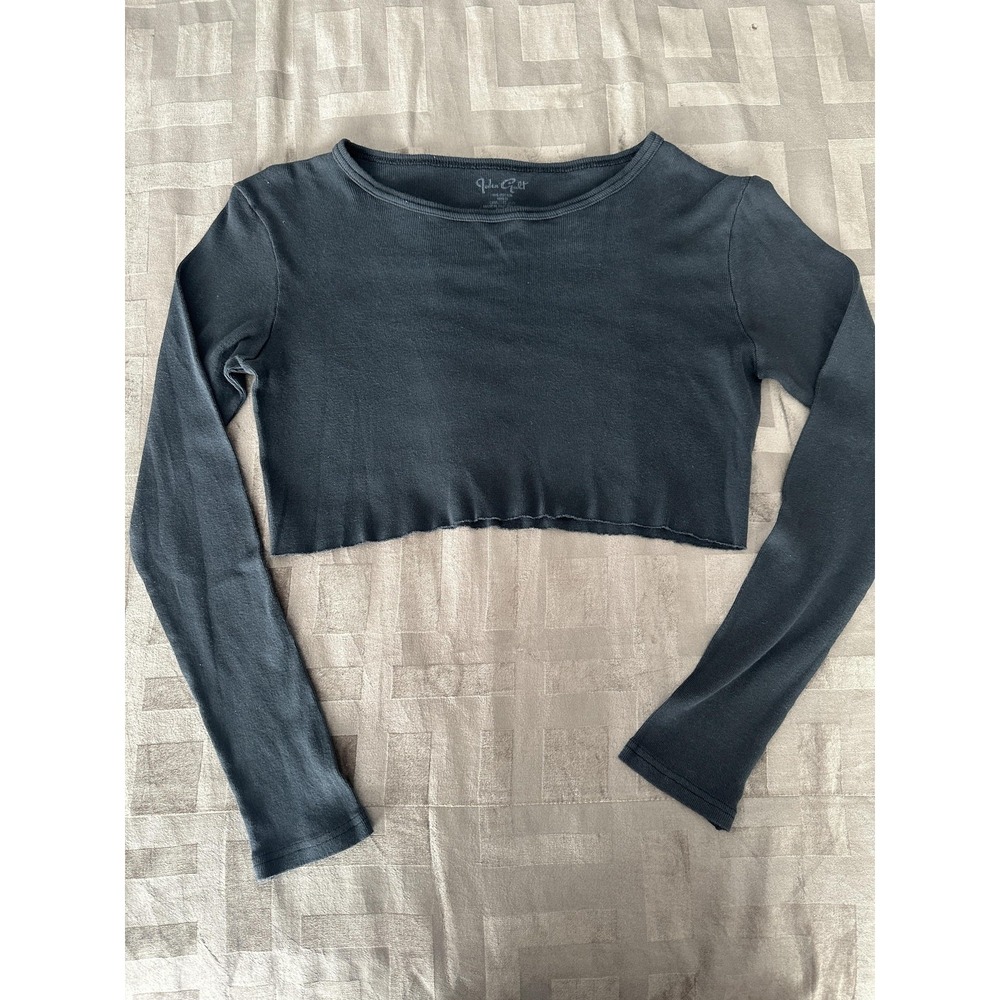 John Galt Shirt Womens One Size Charcoal Gray Ribbed Long Sleeve Cropped Raw Hem